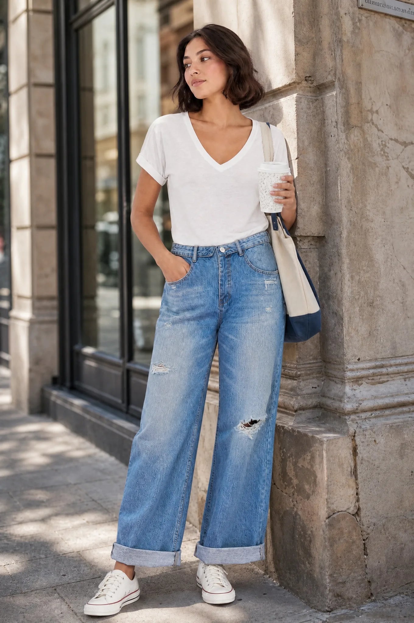 Jean bleu moyen jambe large taille repliée | Photo lifestyle | Lounelle Paris