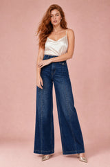 Jeans azul cintura alta corte largo