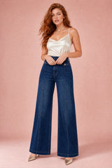 Jeans azul cintura alta corte largo
