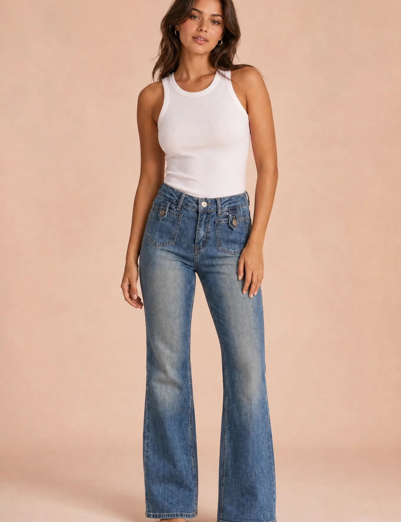 Jean bleu taille haute évasé | Vue de face | Lounelle Paris