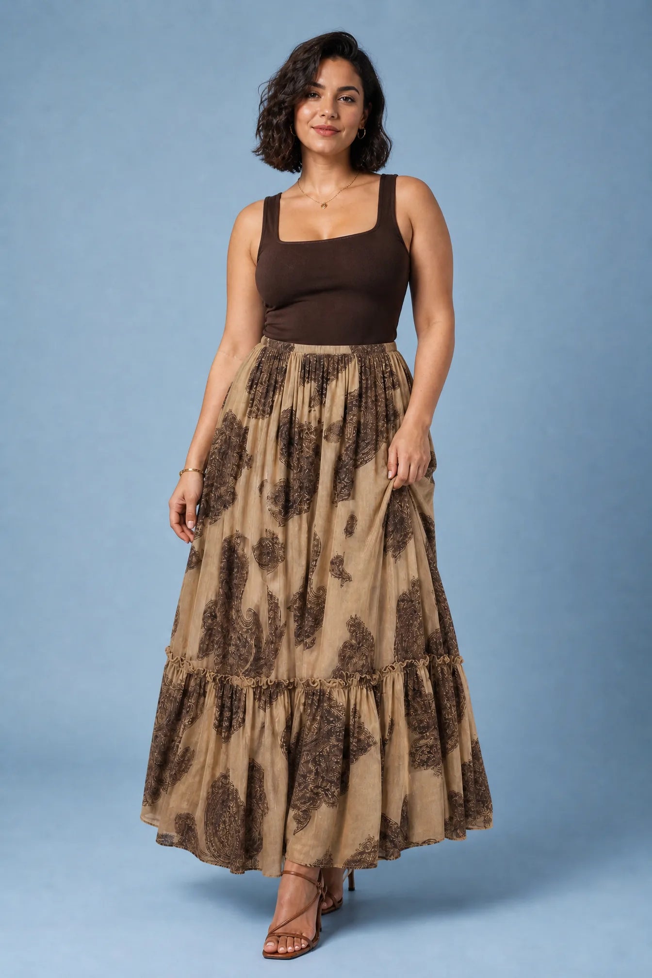 Jupe longue beige à imprimé floral | Porté sur une autre silhouette | Lounelle Paris