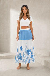 Jupe longue bleue fluide imprimée | Lounelle Paris