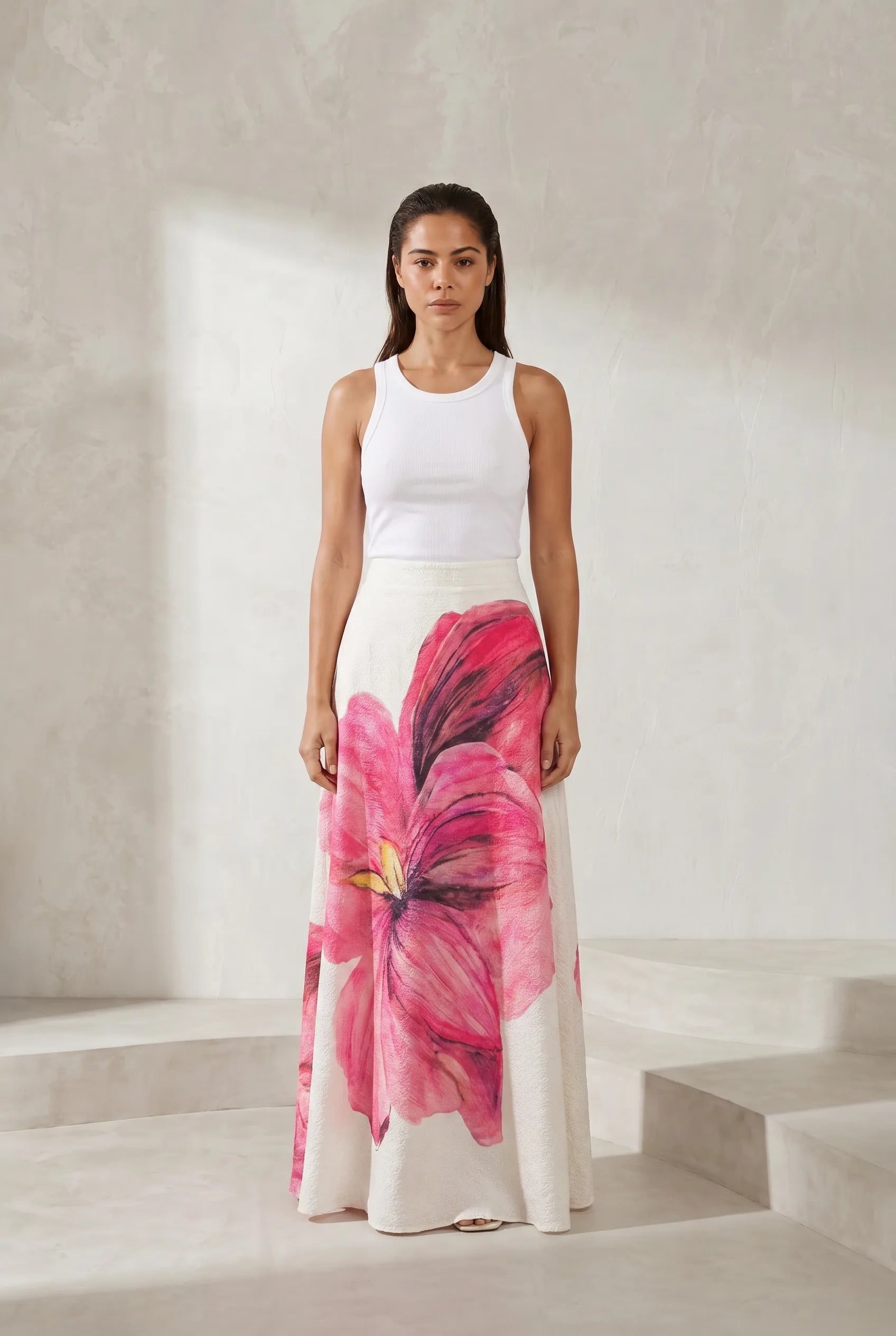 Jupe longue rose à imprimé floral | Lounelle Paris