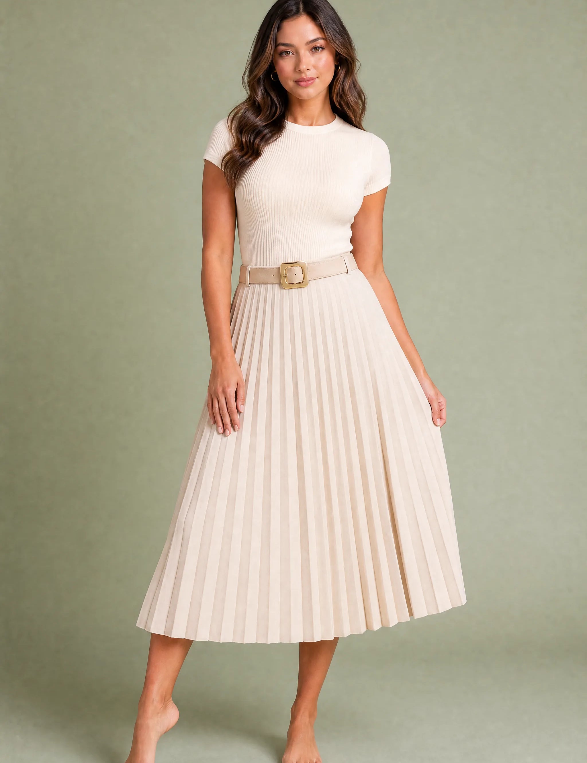 Jupe suédine plissée taille haute | Variante Beige | Lounelle Paris