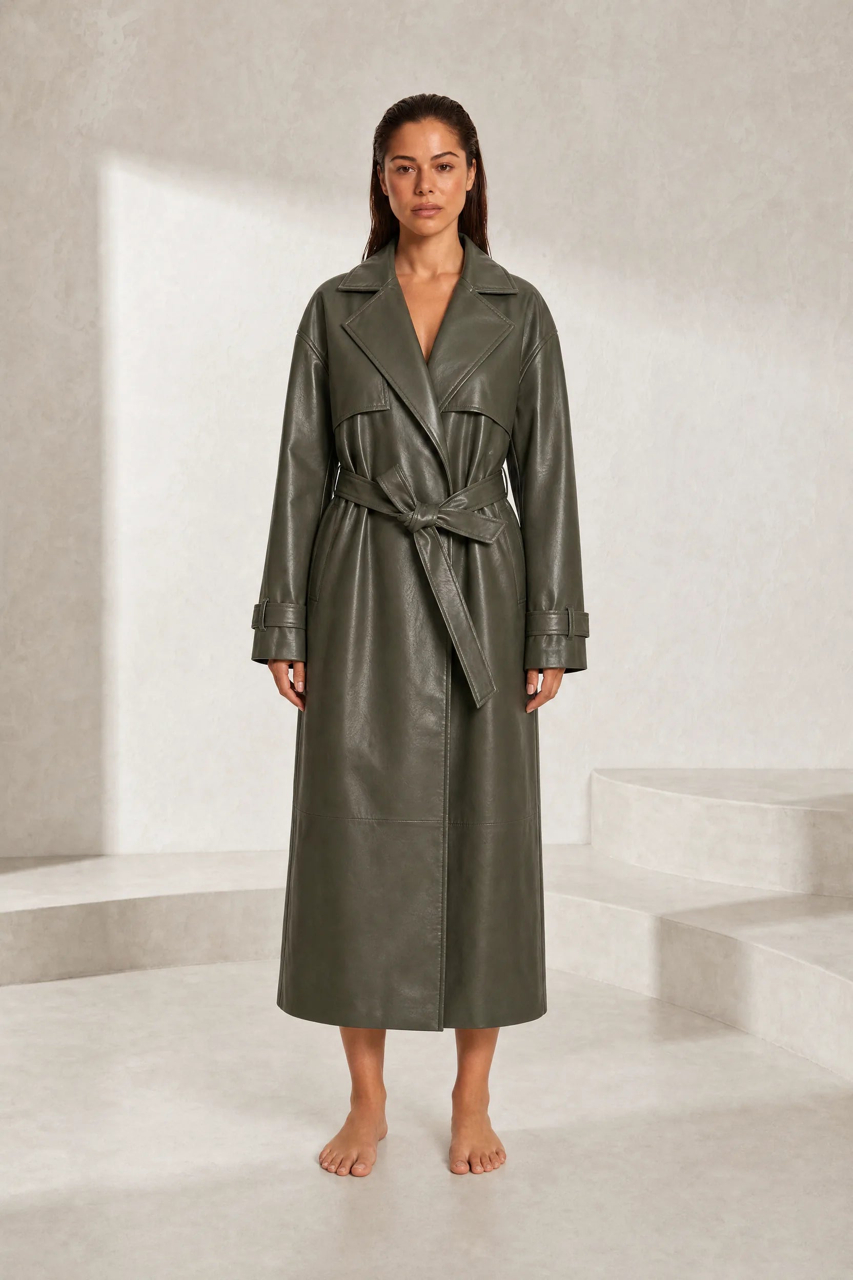 Manteau long effet cuir ceinturé | Lounelle Paris