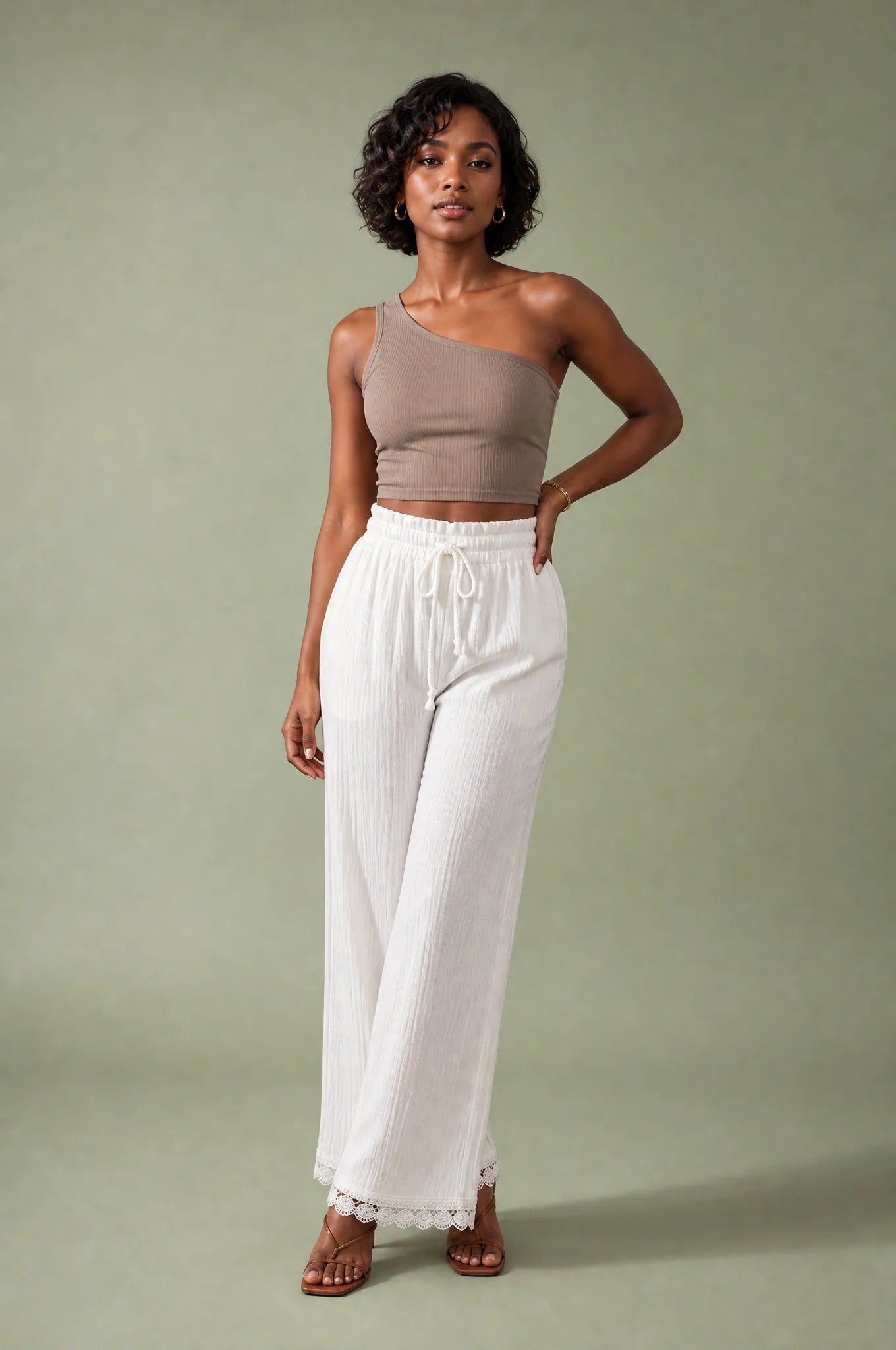 Pantalon blanc ample taille haute | Vue de face | Lounelle Paris