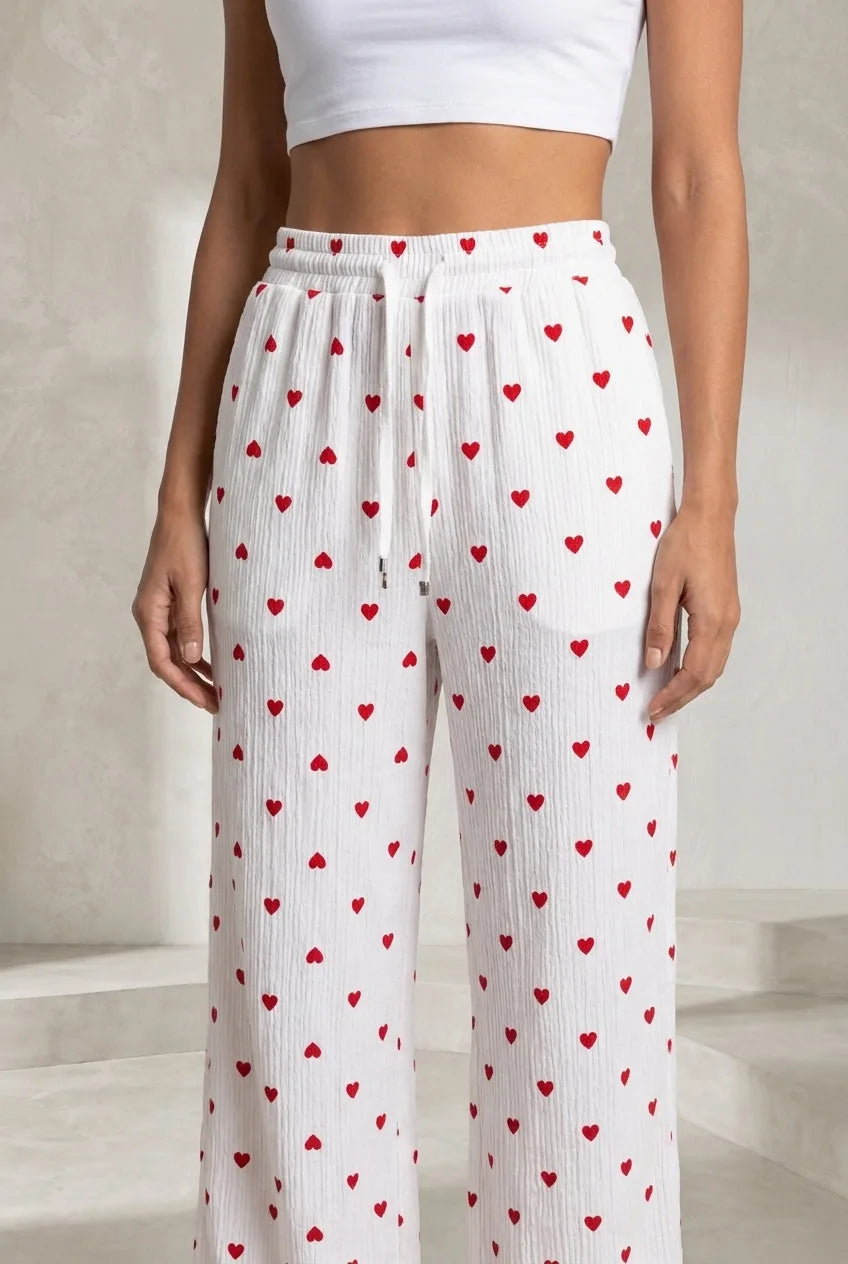 Pantalon blanc taille haute imprimé cœurs | Lounelle Paris