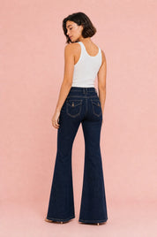 Pantalon bleu foncé évasé taille mi-haute | Vue de dos | Lounelle Paris