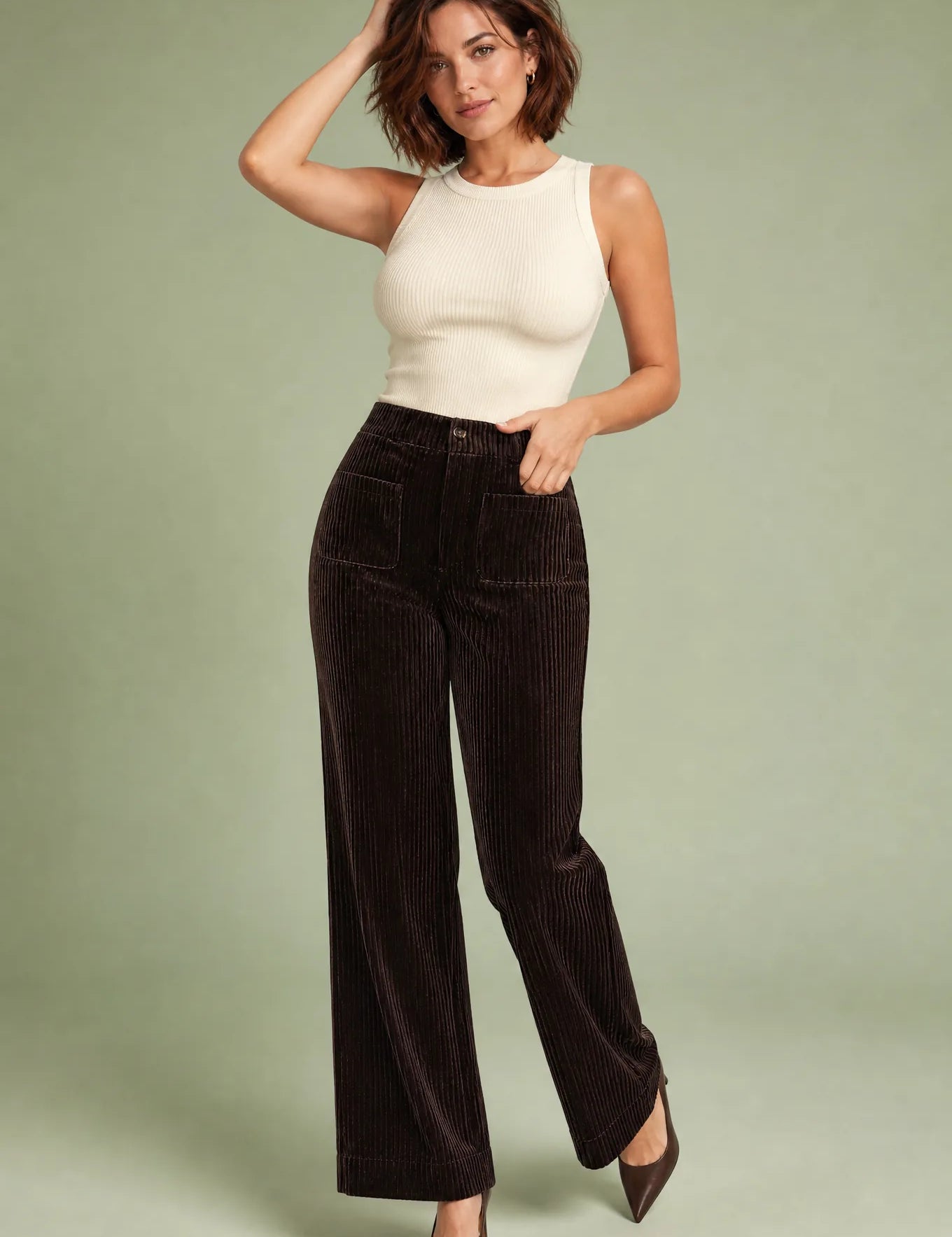 Pantalon café taille haute coupe ample | Vue de face | Lounelle Paris
