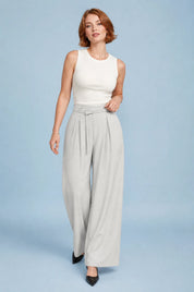 Pantalon large gris clair ceinturé | Vue de face | Lounelle Paris