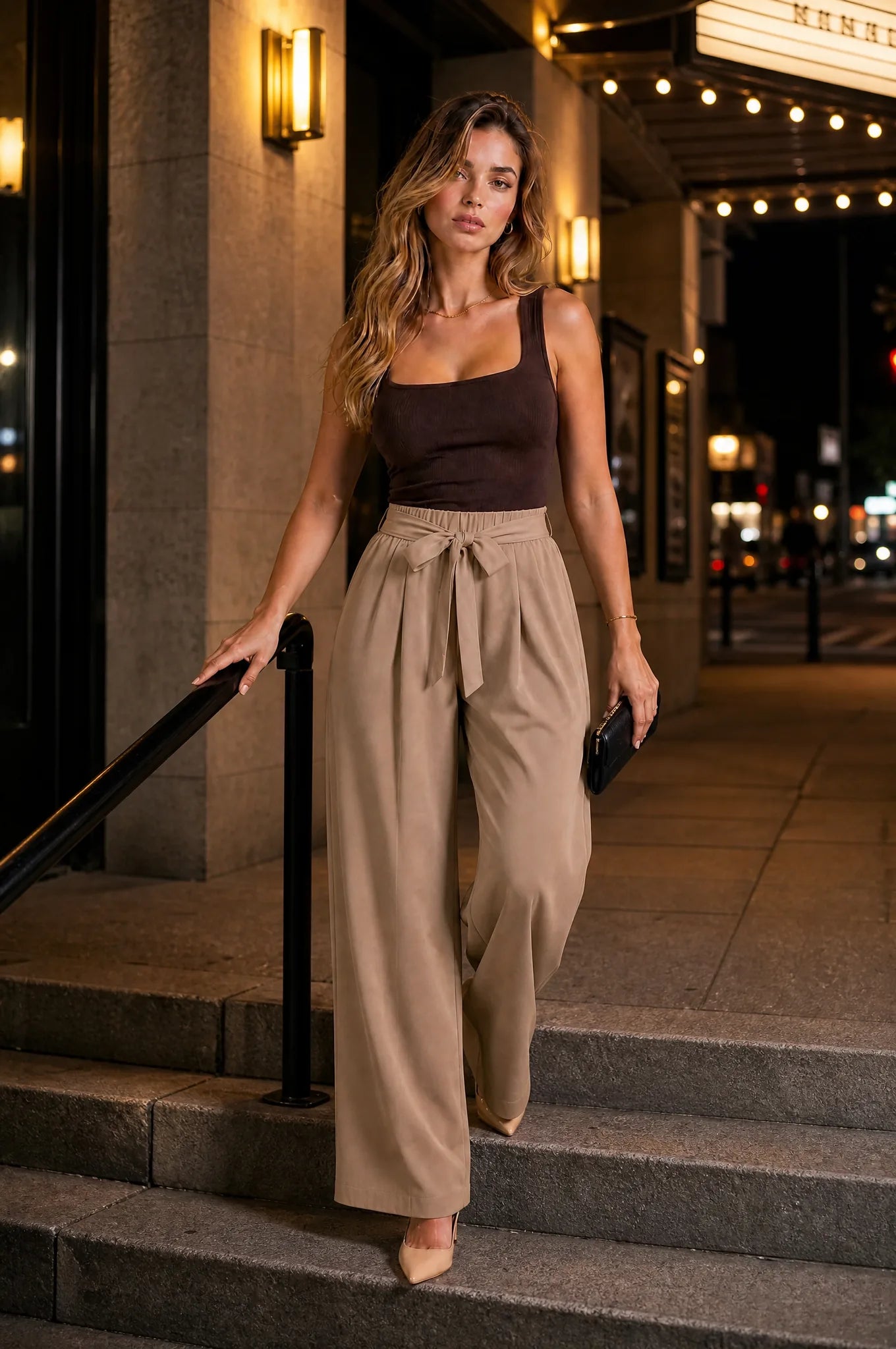 Pantalon large taille haute fendu | Variante Camel - Lifestyle | Lounelle Paris