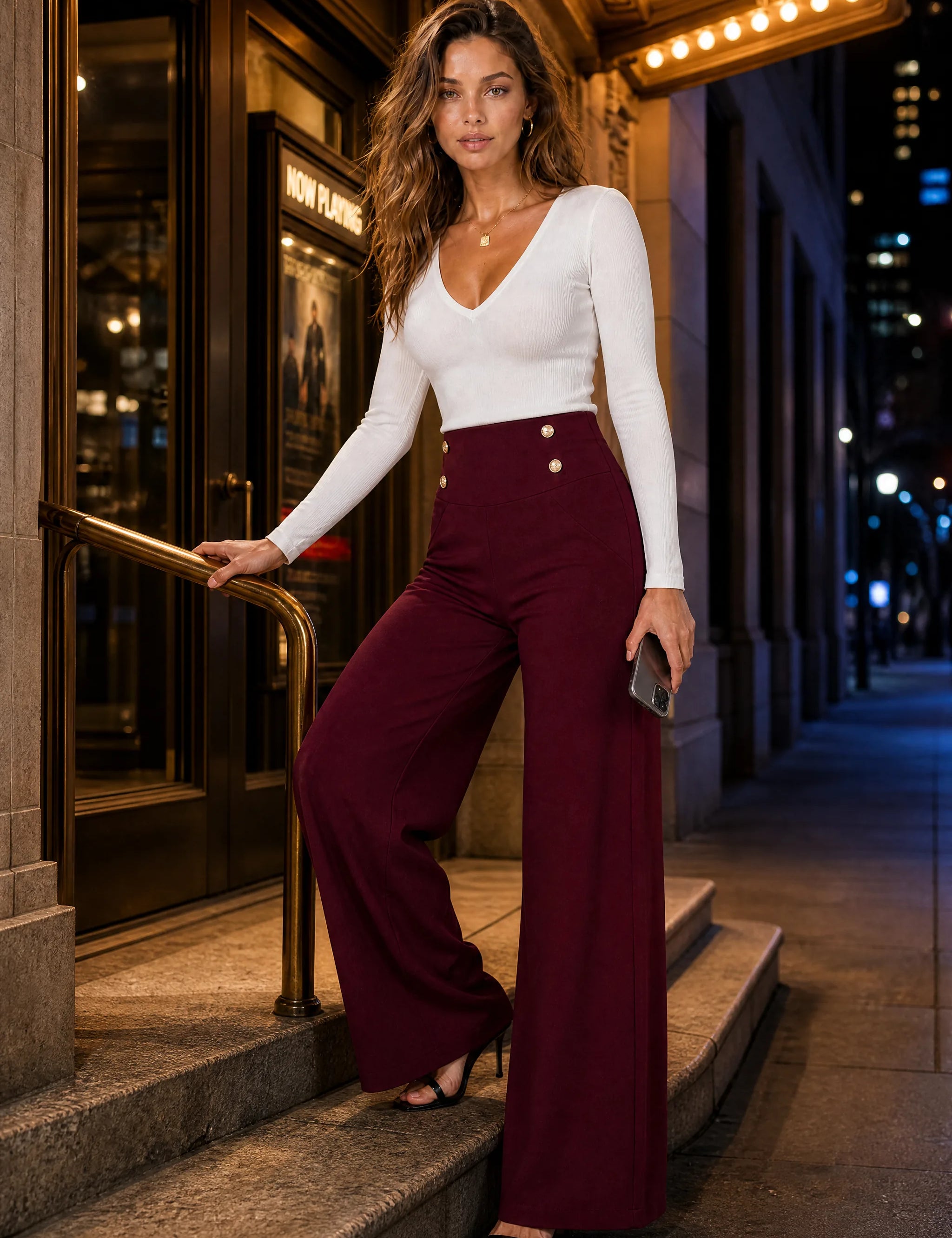 Pantalon large taille haute fluide | Variante Bordeaux - Lifestyle | Lounelle Paris