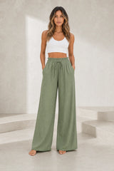 Pantalon large vert taille volantée