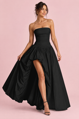 Vestido Comprido Preto Cai-Cai com Franzidos