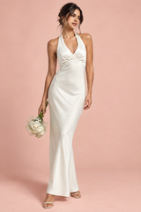 Vestido comprido branco-sujo com franzido e decote em V