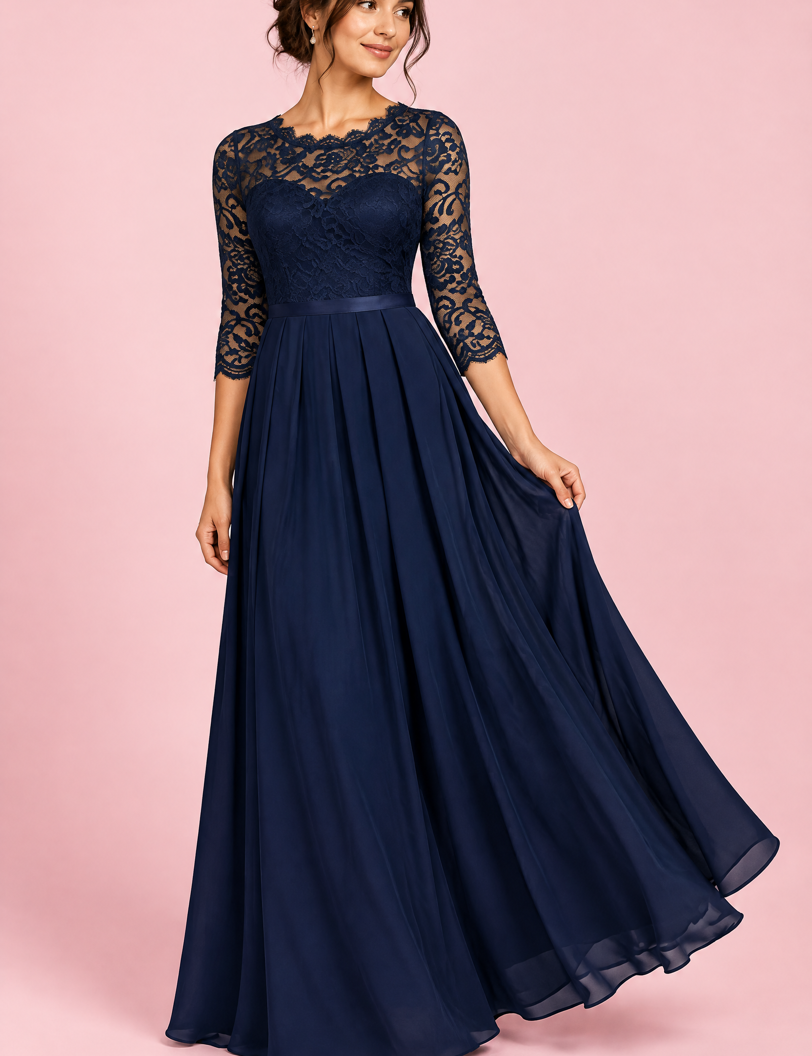 Robe longue bleu marine à empiècement en dentelle | Vue de face | Lounelle Paris