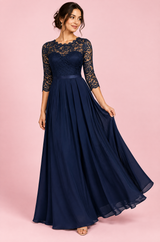 Vestido comprido azul-marinho com painel de renda