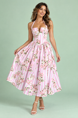 Vestido comprido cor-de-rosa às riscas com flores