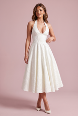 Vestido midi jacquard com decote halter Branco-gelo