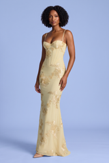 Vestido Comprido Amarelo com Bordado Floral