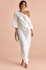 Vestido branco-sujo assimétrico de um ombro só
