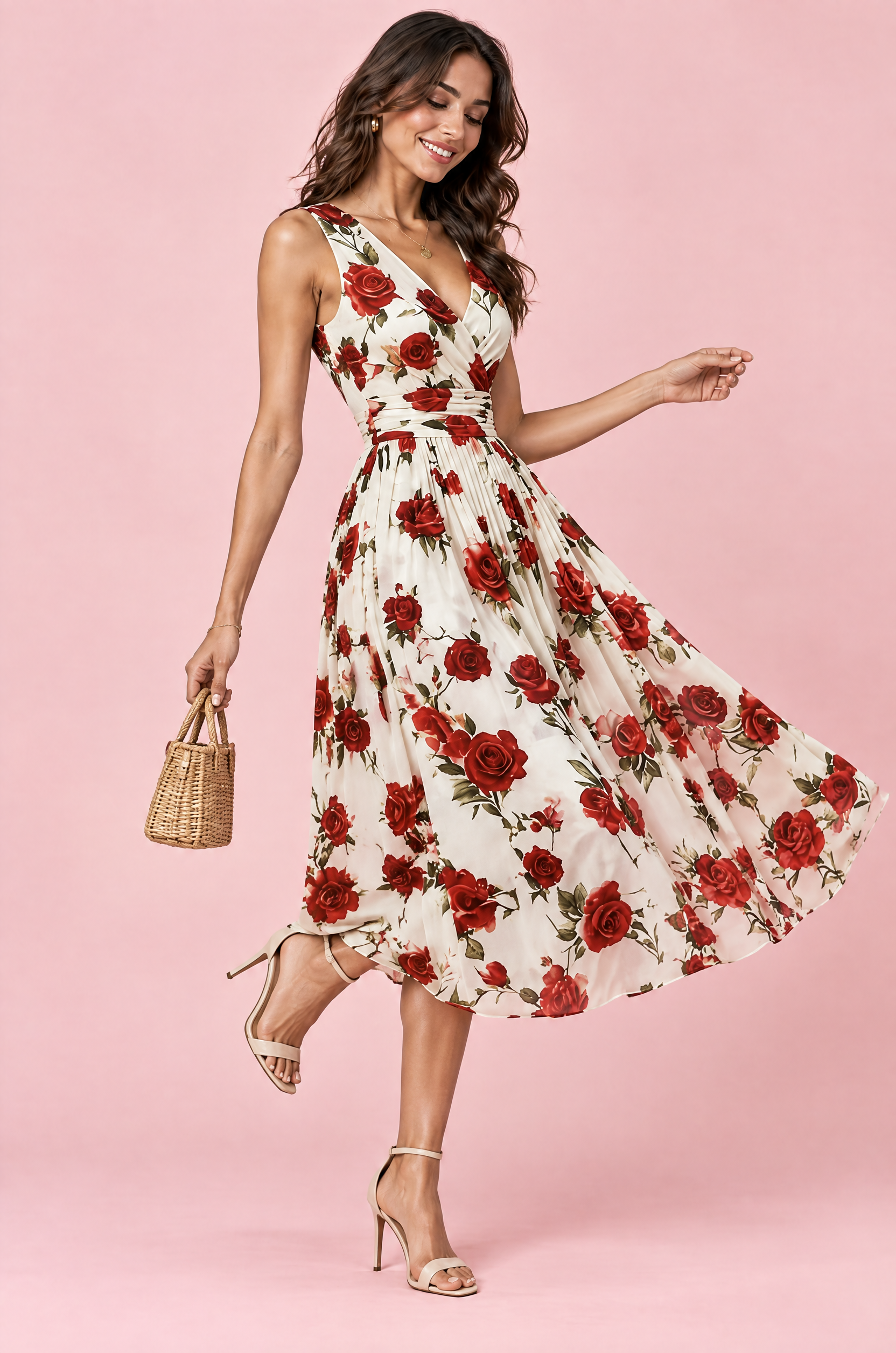 Robe midi rouge à imprimé de bouquets floraux, col carré et coupe trapèze | Vue de dos | Lounelle Paris