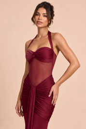 Robe longue bordeaux froncée à encolure dos nu | Vue rapprochée | Lounelle Paris