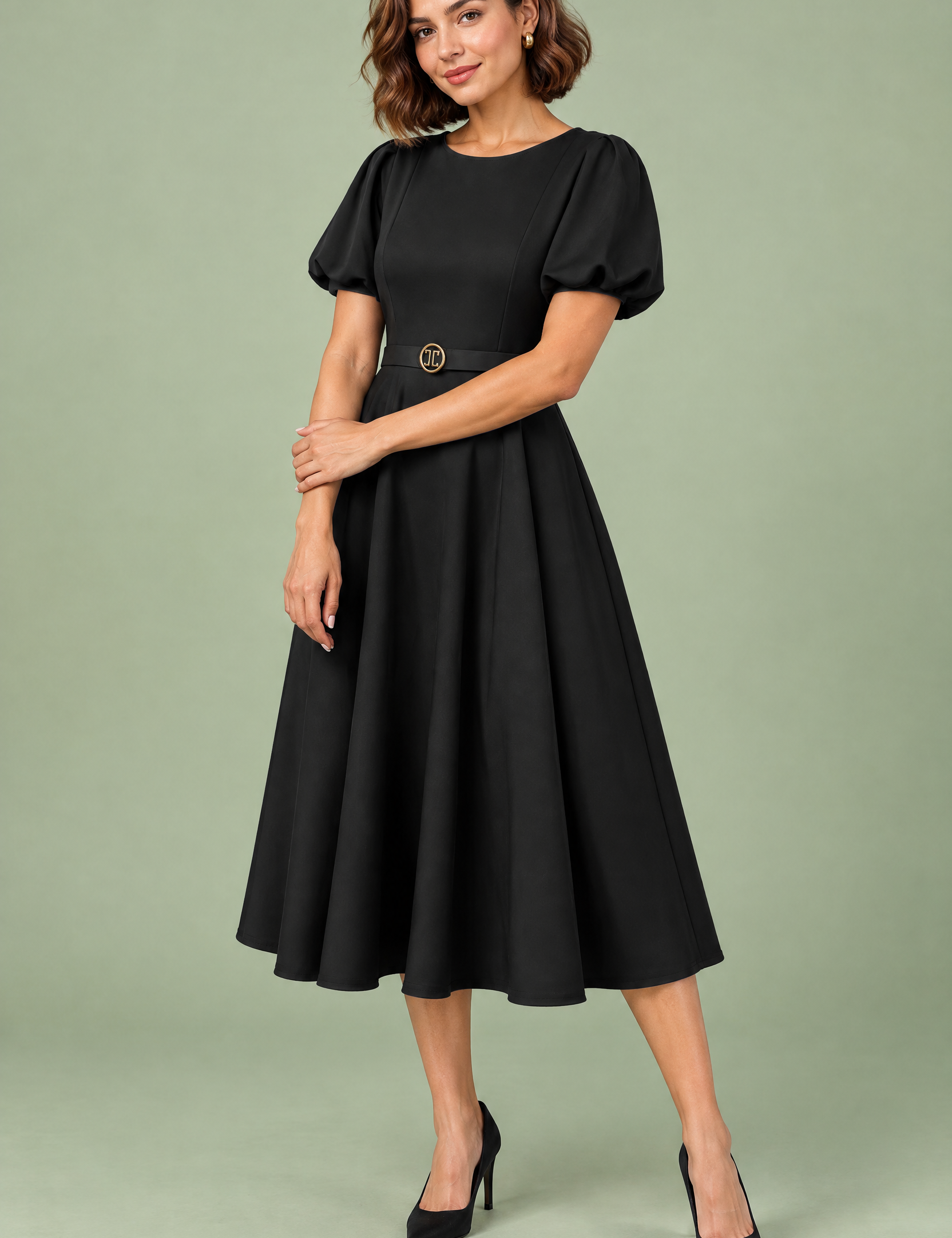 Robe midi noire à col montant et manches bouffantes | Vue de face | Lounelle Paris