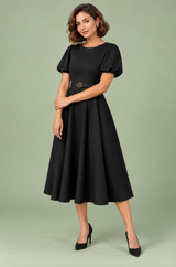 Vestido midi preto de gola subida e mangas balão