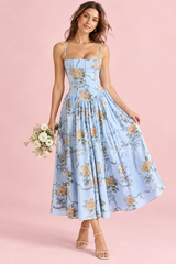 Vestido azul comprido com corpete