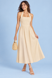 Robe midi patineuse beige à encolure américaine | Vue de face | Lounelle Paris