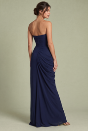 Robe longue bleu marine froncée sans bretelles | Vue de dos | Lounelle Paris