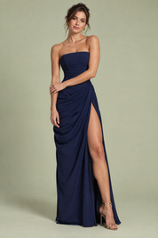Robe longue bleu marine froncée sans bretelles | Vue de face | Lounelle Paris