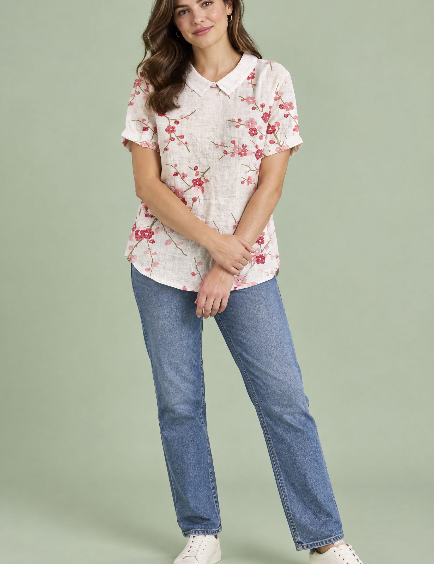 T-shirt écru à imprimé floral et col | Vue de face | Lounelle Paris