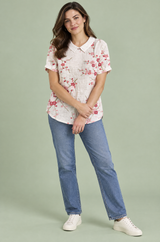 T-shirt branco-sujo com gola e padrão floral