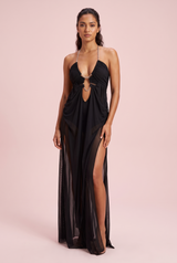 Vestido Comprido Assimétrico com Recortes Preto