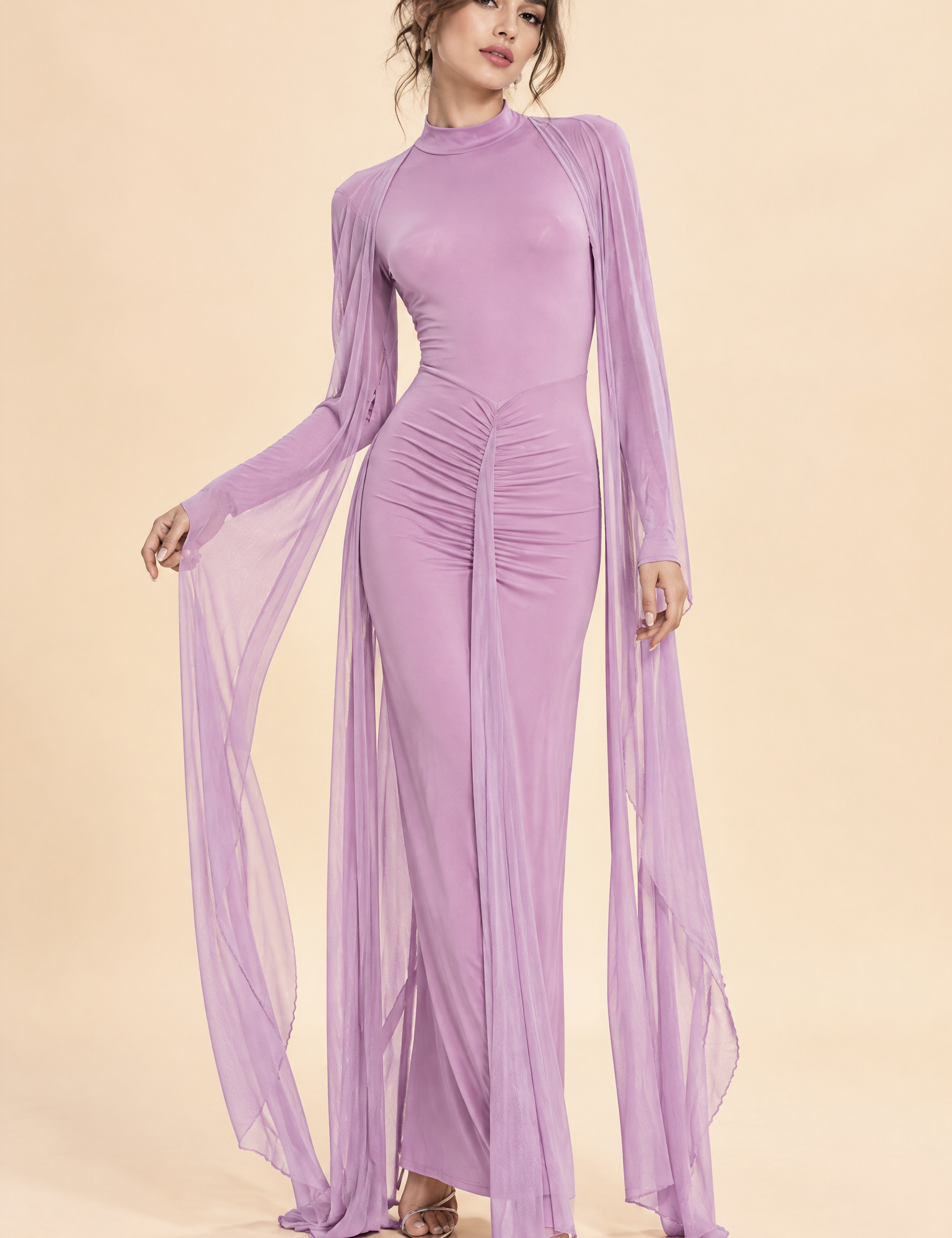 Robe violet clair dos nu avec cape | Vue de face | Lounelle Paris
