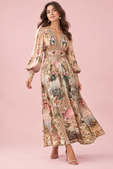 Vestido maxi bege com decote em V e mangas balão