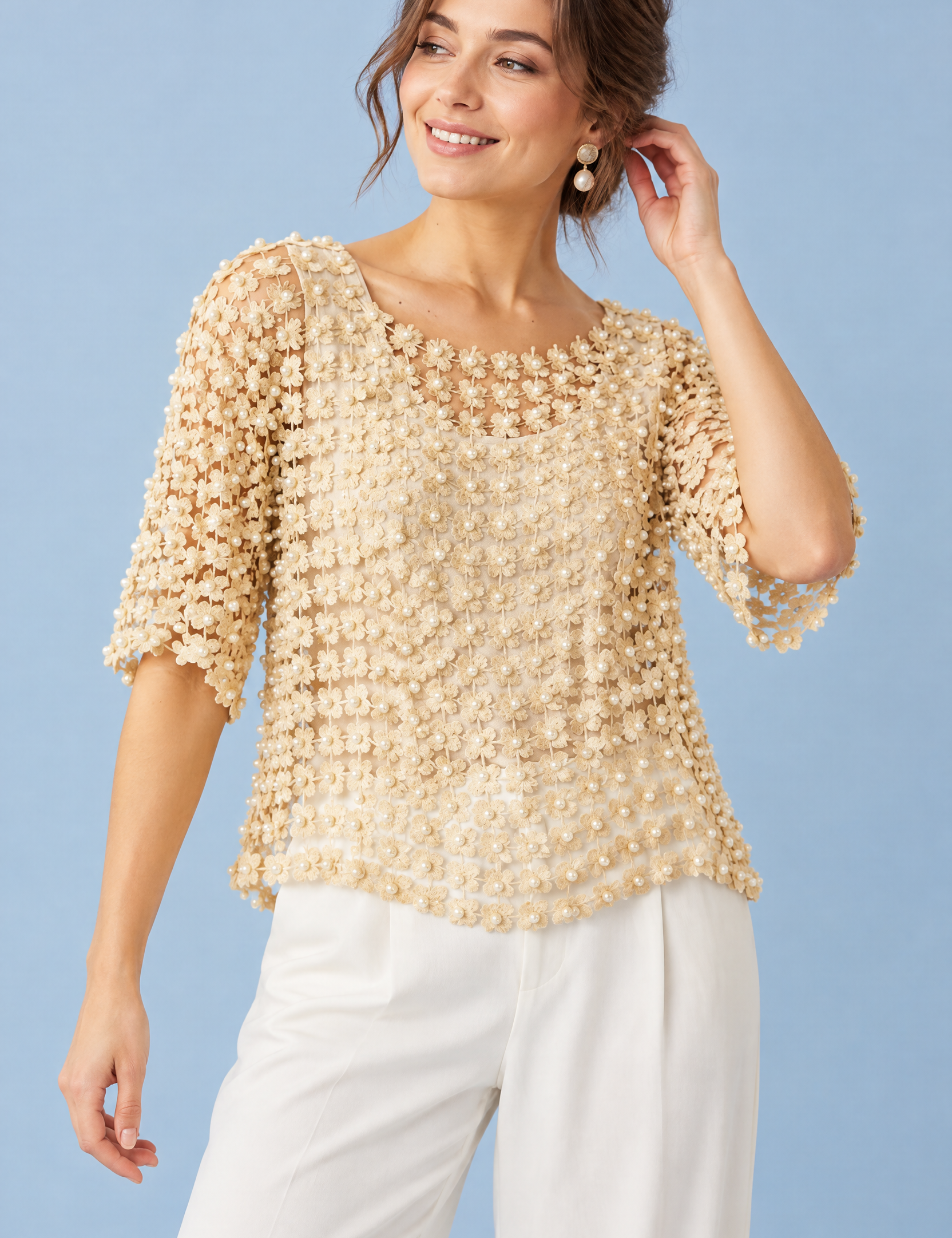 Top beige brodé et perlé | Vue de face | Lounelle Paris