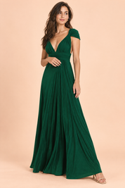 Robe longue portefeuille verte à col américain avec détail doré | Vue de face | Lounelle Paris
