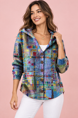 Casaco de malha floral com capuz azul