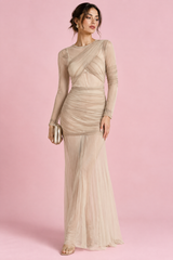 Vestido maxi bege justo com franzidos