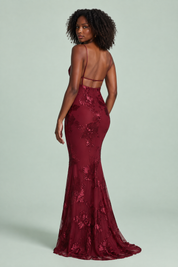 Robe longue bordeaux à broderies florales | Vue de dos | Lounelle Paris