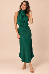 Vestido Midi Evasé Verde-Escuro com Decote de Lenço