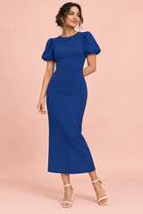 Vestido midi azul-marinho com mangas balão