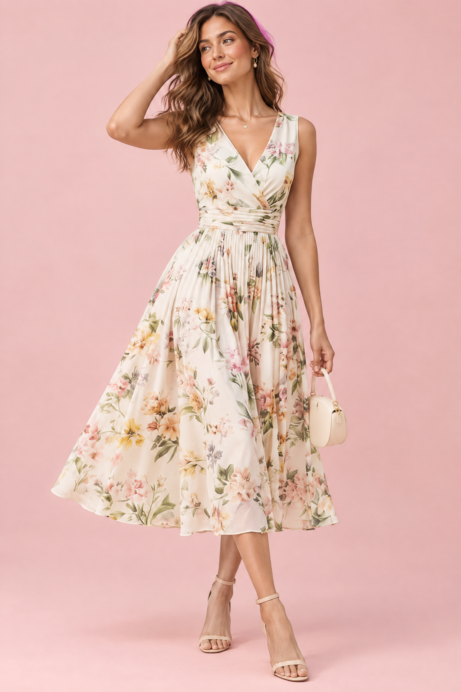 Robe midi verte à imprimé de bouquets floraux, col carré et coupe trapèze | Vue de face | Lounelle Paris