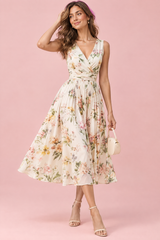 Vestido midi verde com estampado de ramos florais e decote quadrado