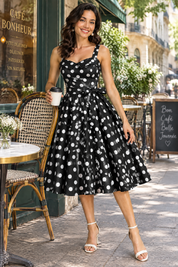 Robe midi noire à pois et encolure carrée | Photo lifestyle | Lounelle Paris