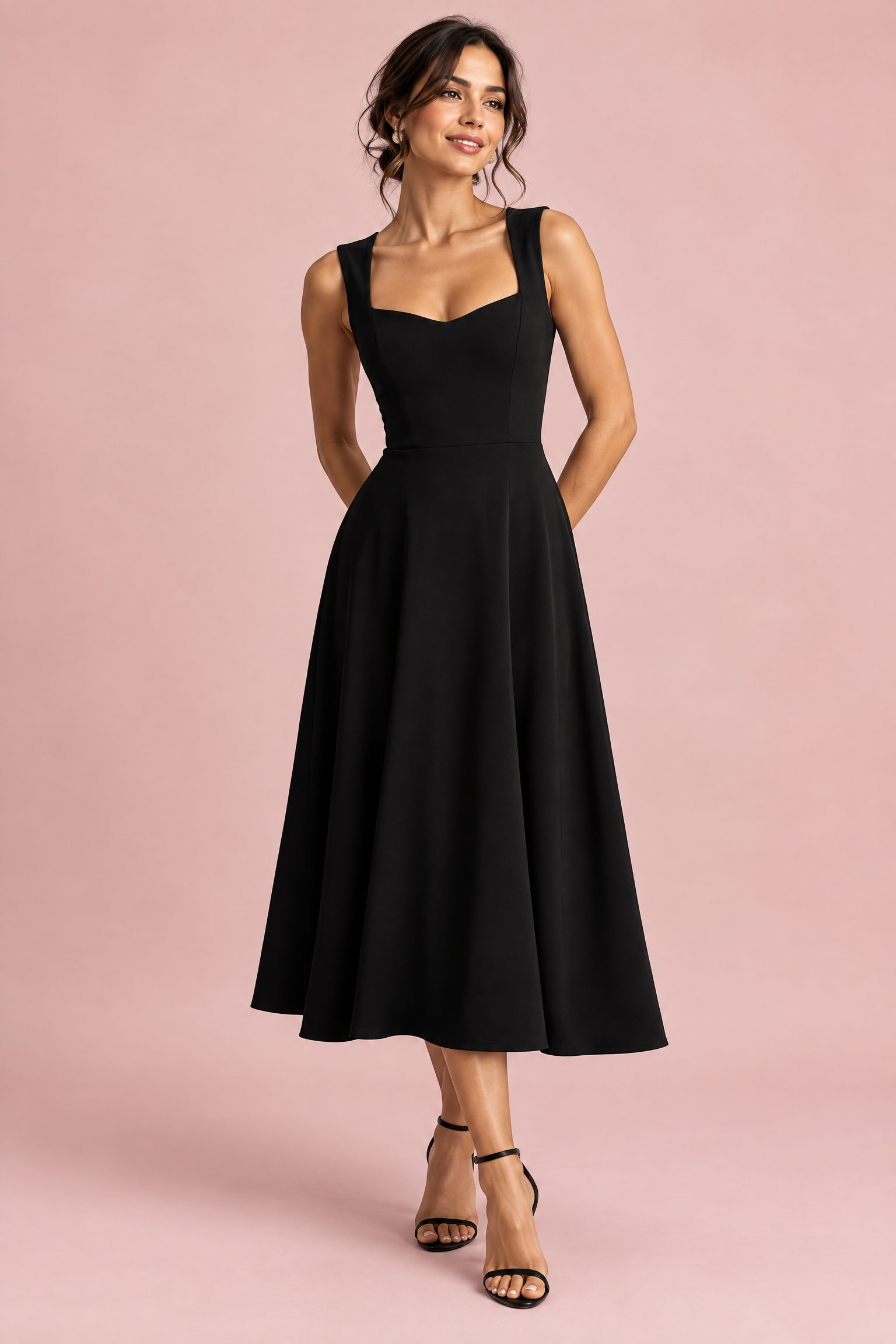 Robe midi noire à décolleté cœur | Vue de face | Lounelle Paris