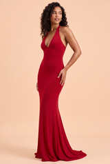 Vestido comprido justo vermelho com decote em V
